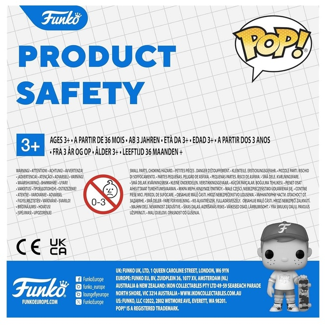 Etykieta bezpieczeństwa produktu Funko. Zawiera figurkę Funko Pop, ostrzeżenie wiekowe i informacje o ryzyku zadławienia.