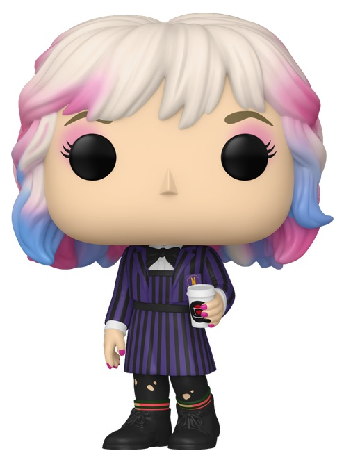 Figurka Funko Pop osoby z białymi, różowymi i niebieskimi włosami. Ma na sobie fioletowy, pasiasty strój i trzyma kubek z kawą.