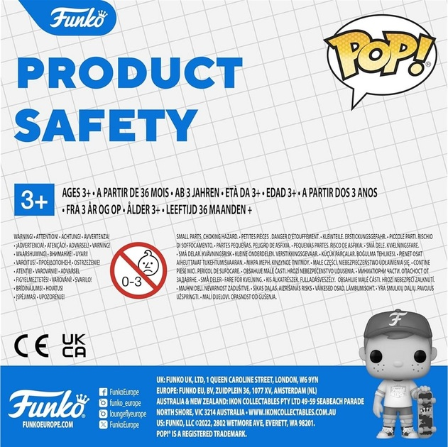 Informacje o bezpieczeństwie produktu Funko z figurką Pop!, ostrzeżenie 3+ i zagrożenie małymi elementami.