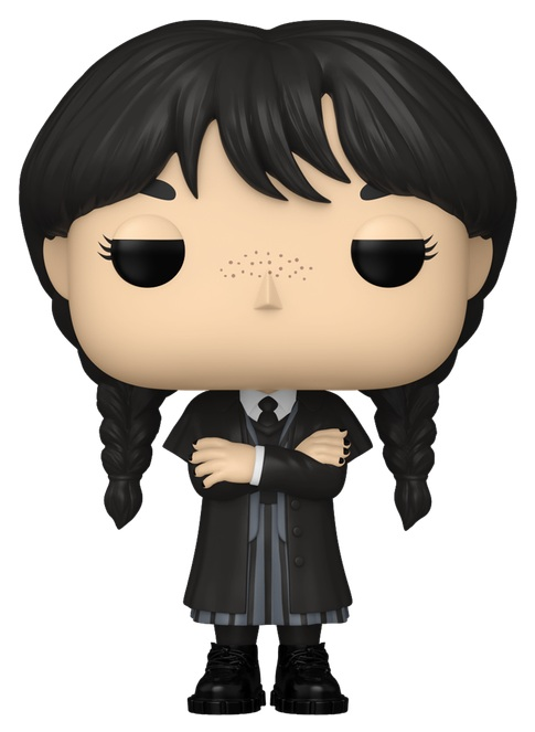 Funko Pop Wednesday Addams. Ma czarne włosy w warkoczach, czarną sukienkę, skrzyżowane ramiona, czarne buty i czarny lakier do paznokci.