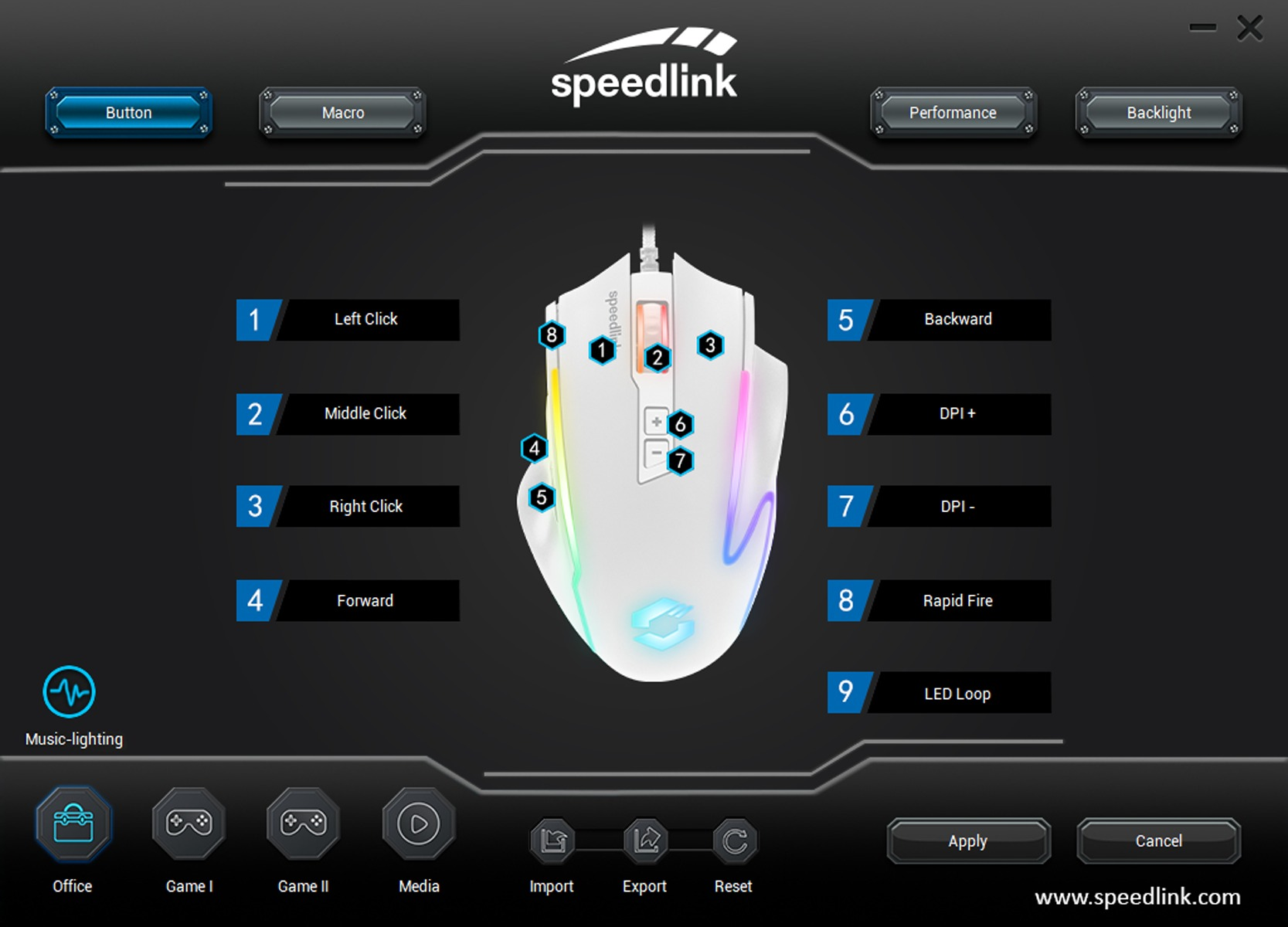 Eine Speedlink-Maus-Softwareoberfläche. Sie zeigt die Maustasten, Einstellungen und Beleuchtungsoptionen auf dunklem Hintergrund.