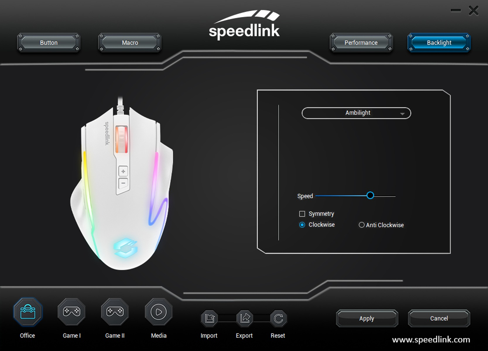 Weiße Gaming-Maus mit RGB-Beleuchtung, Speedlink-Software-Oberfläche. Optionen für Hintergrundbeleuchtung, Geschwindigkeit und Effekte.