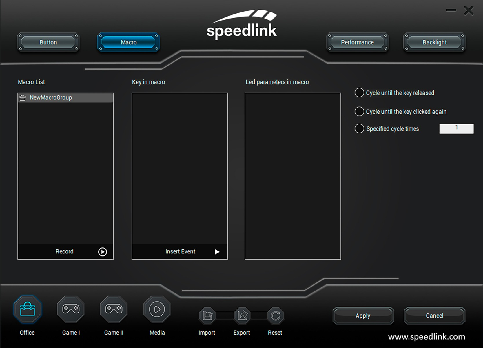 Speedlink-Softwareoberfläche. Enthält Makroeinstellungen, Schaltflächen für Aufnahme, Ereignis einfügen und verschiedene Funktionsoptionen.