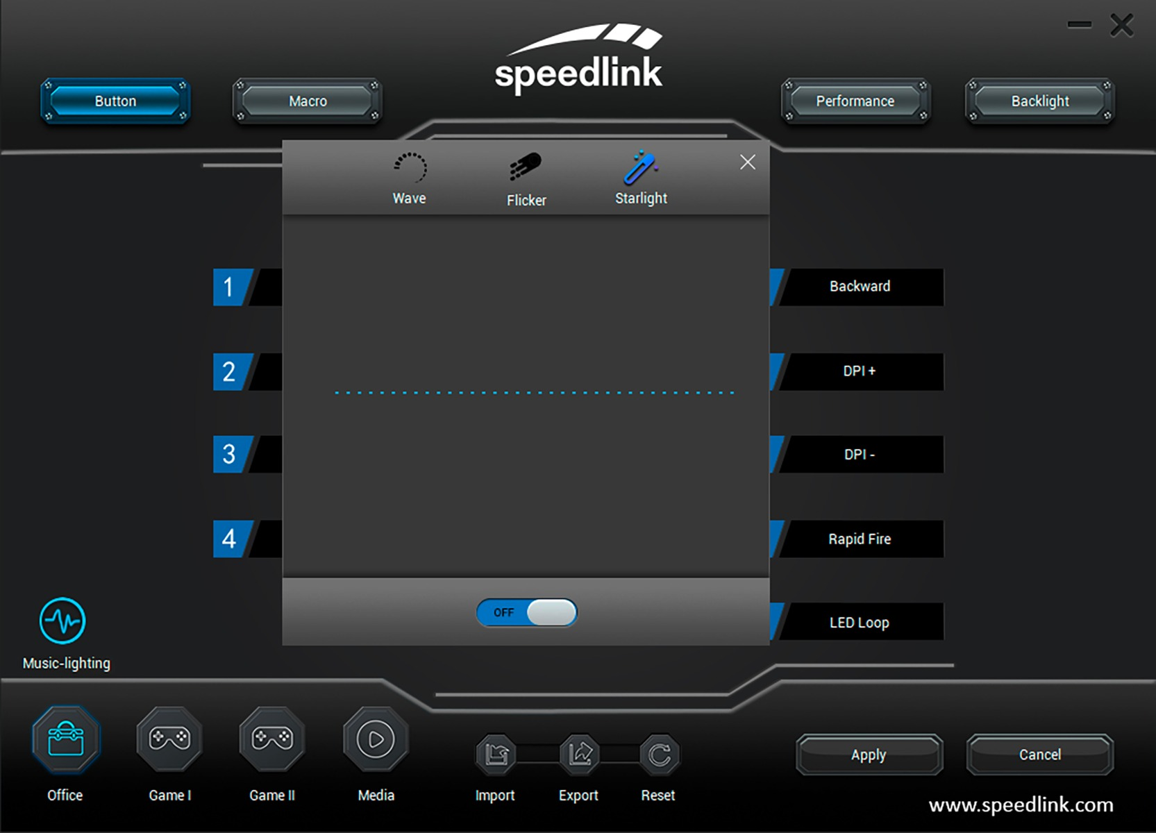 Speedlink-Softwareoberfläche. Schaltflächen, Einstellungen und Anpassungsoptionen sind auf dunklem Hintergrund sichtbar.