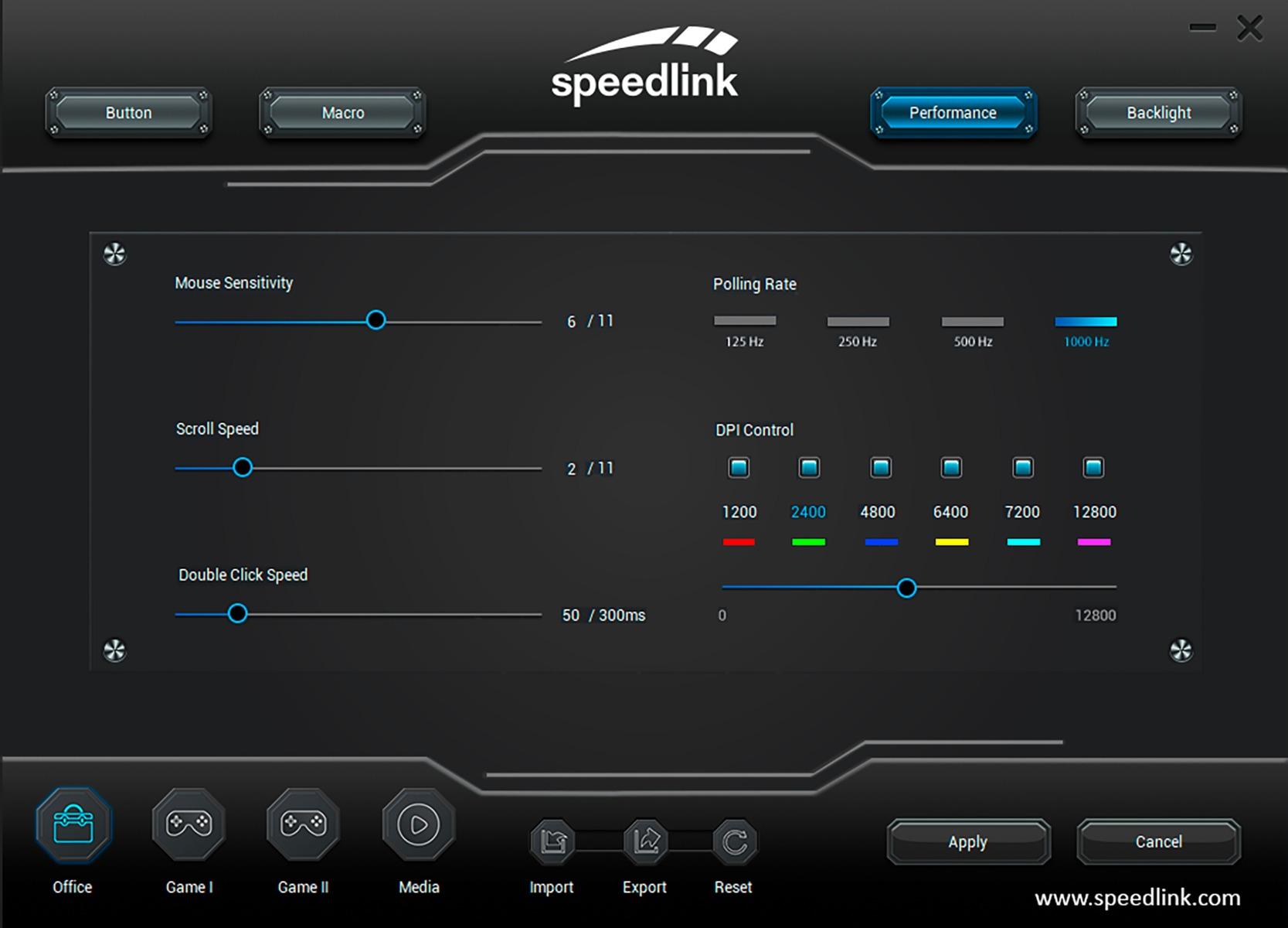 Speedlink-Software-Oberfläche mit Einstellungen für Mausempfindlichkeit, Polling-Rate und DPI-Steuerung. Enthält Schaltflächen für Übernehmen und Abbrechen.