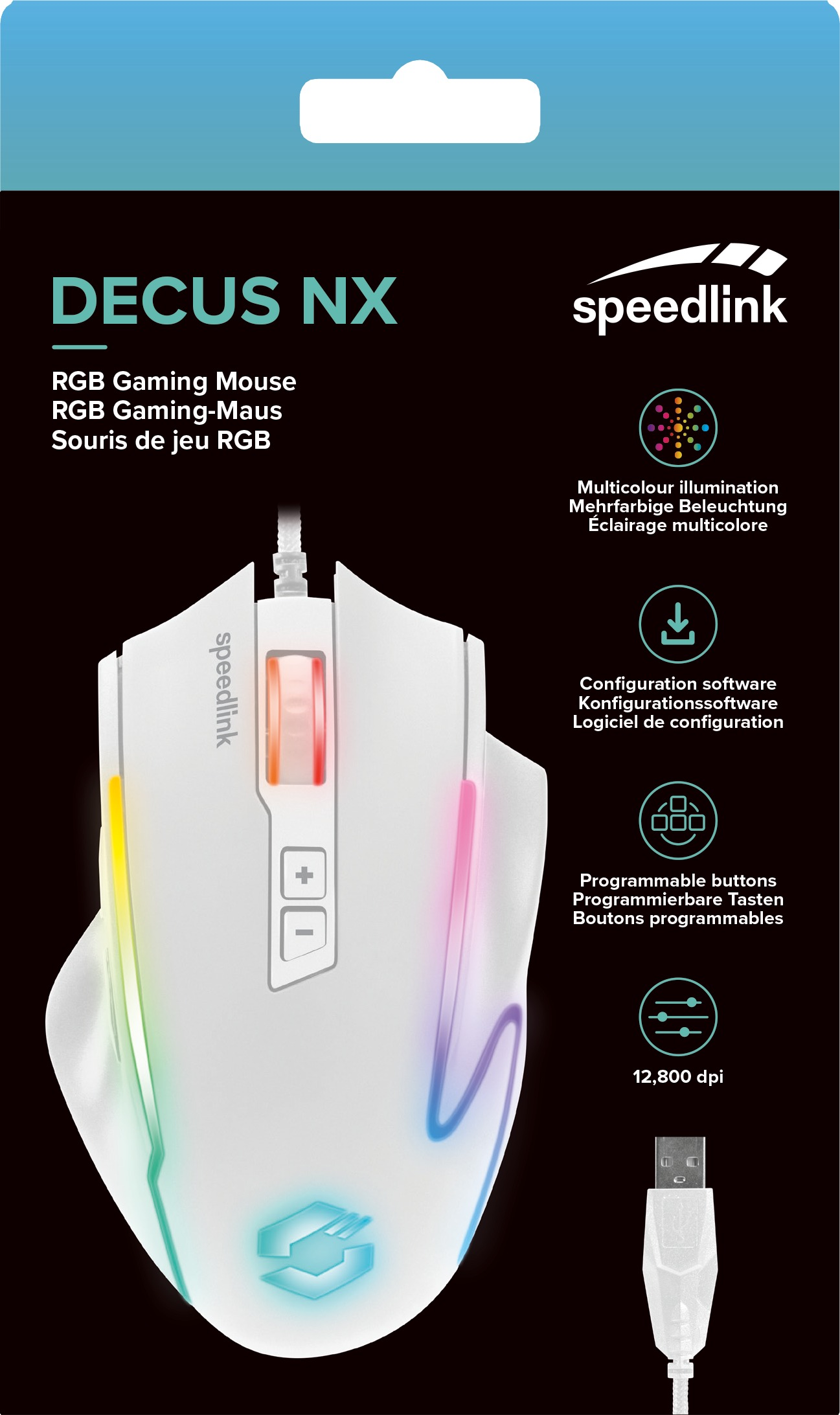 Weiße Gaming-Maus mit RGB-Beleuchtung, Produktdetails und -funktionen. Enthält das Speedlink-Logo und weitere Details.
