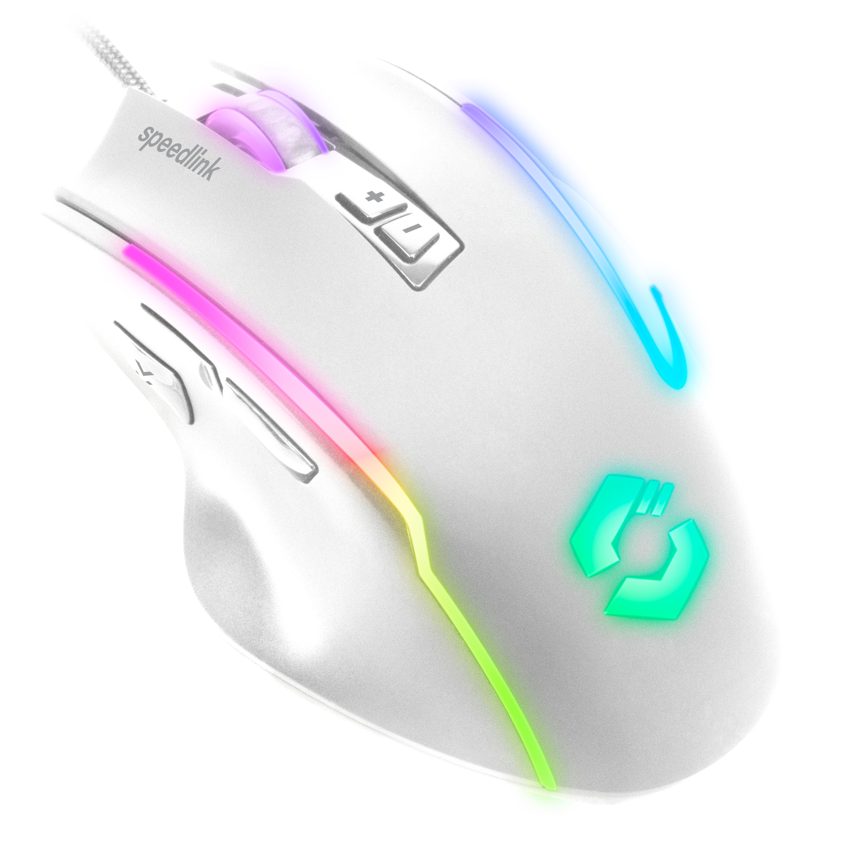 Weiße Speedlink-Maus mit bunten LED-Lichtern. Sie hat ein Scrollrad und mehrere Tasten. Der Hintergrund ist weiß.