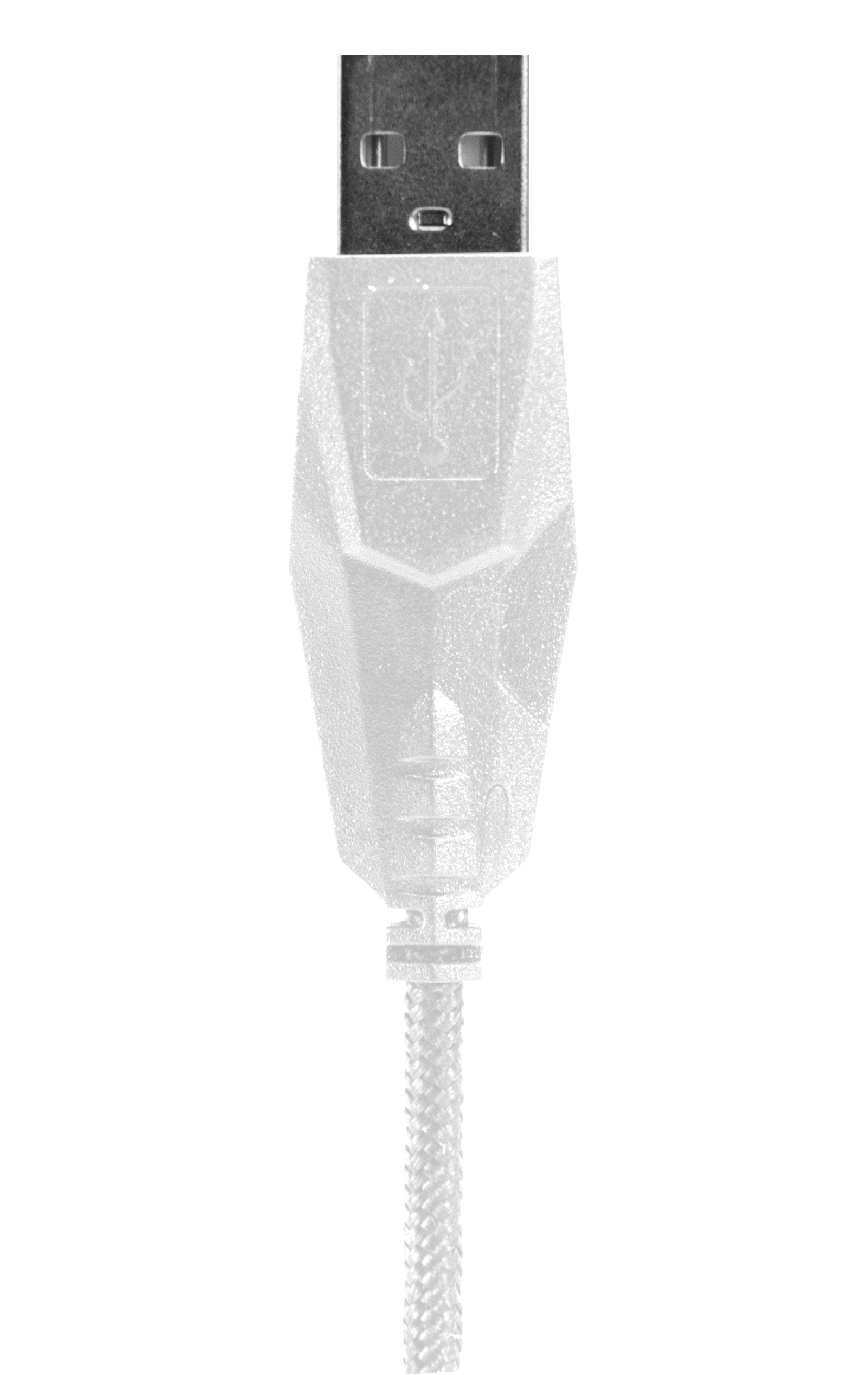 Ein USB-Kabel vor weißem Hintergrund. Das Kabel hat einen grauen USB-Anschluss und einen weißen Körper. Das Ende ist geflochten.