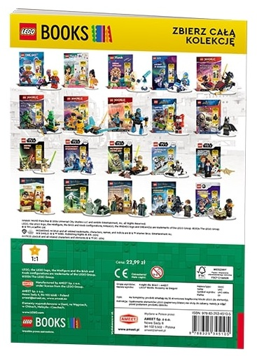 Reklama LEGO Books. Pokazuje różne okładki książek LEGO, zieloną sekcję z ceną i żółty nagłówek z tekstem.