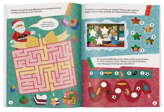 Strona książki dla dzieci z postacią Świętego Mikołaja i labiryntem. Prawa strona pokazuje gwiazdy i zabawki.