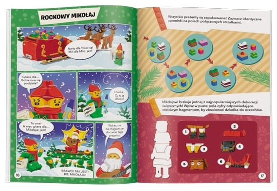 Rozkładówka komiksu z postaciami Lego w zimowych scenach. Święty Mikołaj gra na gitarze, elfy śpiewają i widać prezenty.