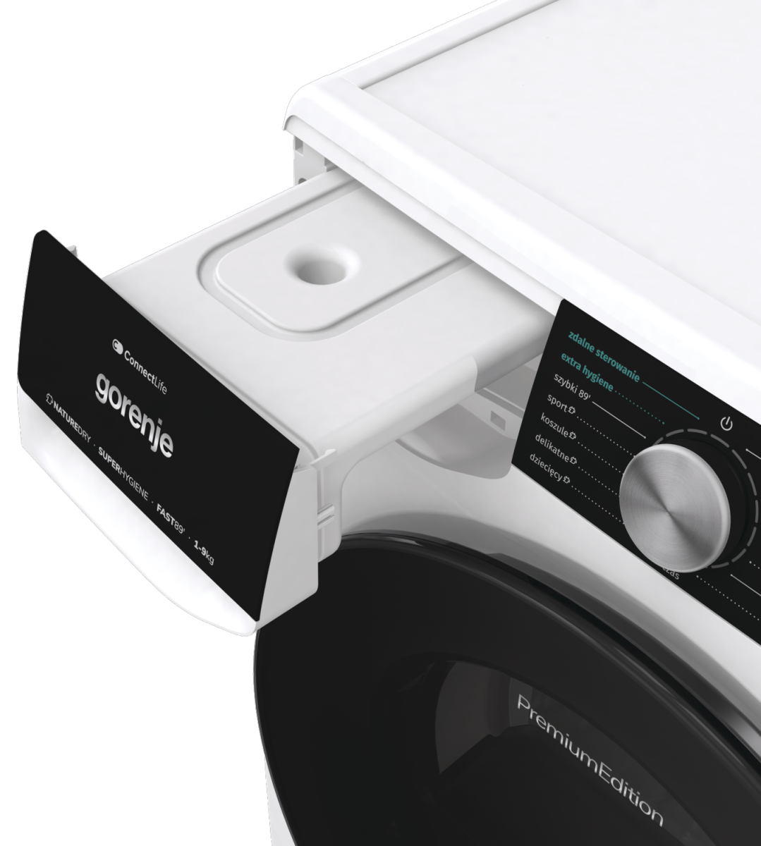 Zbliżenie białej pralki z czarnym panelem sterowania i częściowo otwartą szufladą na detergent.