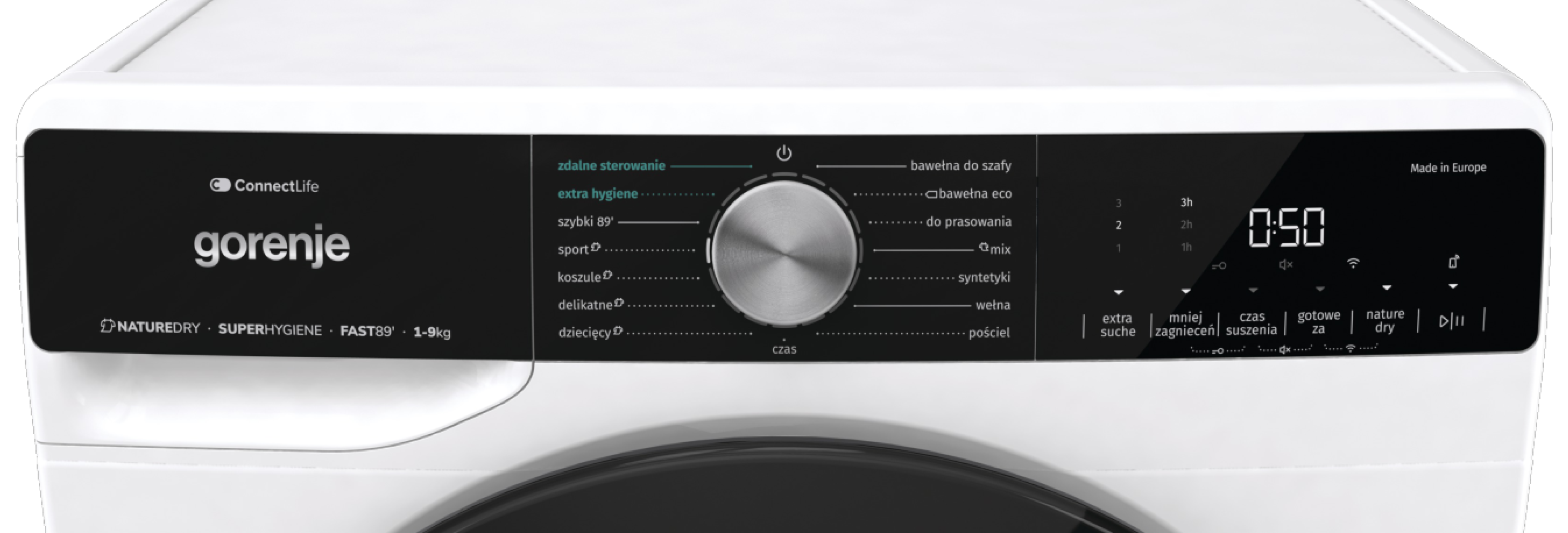 Biały panel sterowania pralki z pokrętłem, wyświetlaczem i przyciskami. Tekst zawiera 'gorenje' i opcje cyklu prania.