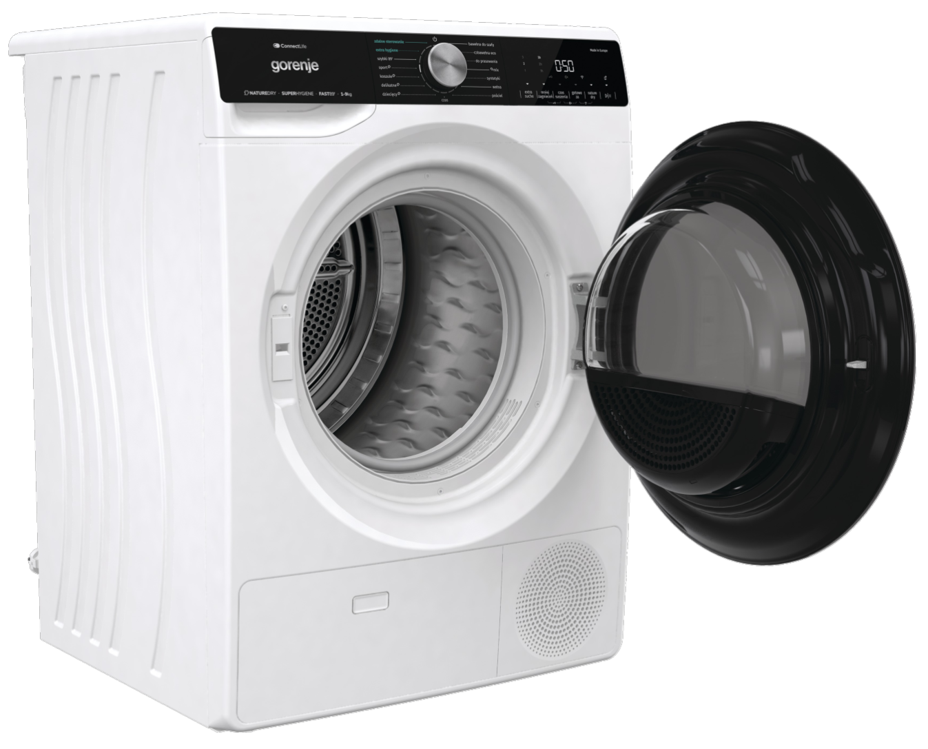 Biała suszarka Gorenje z otwartymi czarnymi drzwiami. Bęben jest widoczny, a panel sterowania znajduje się na górze.