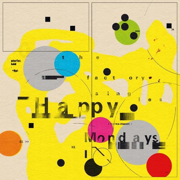 Abstrakte Kunst mit gelben Formen, Text 'Happy Mondays' und verschiedenen farbigen Kreisen und Quadraten auf beigem Hintergrund.