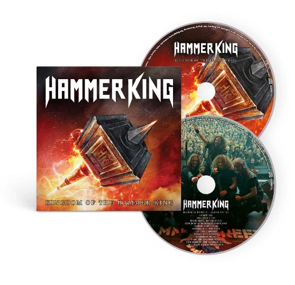 Albumcover: Hammer King, Kingdom of the Hammer King. CDs mit Bandmitgliedern und Hammerbild.