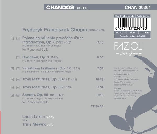 CD-Cover. Titel: Chopin. Interpreten: Louis Lortie, Klavier, Truls Mork, Cello. Label: Chandos. Enthält Barcode und Text.