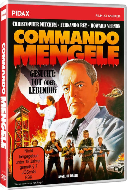 DVD-Cover für Commando Mengele. Ein Mann dominiert. Soldaten und ein Hubschrauber sind im Hintergrund. Text lautet 'Gesucht: Tot oder lebendig'.