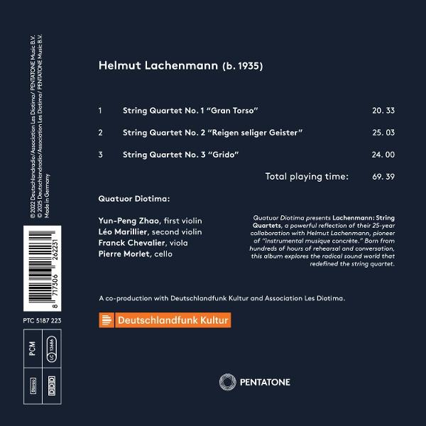 Albumcover für Helmut Lachenmann, enthält Text und eine Liste von Streichquartetten.