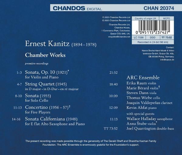 CD-Cover. Titel: Chamber Works von Ernest Kanitz. Enthält Titelliste, ARC Ensemble und Barcode.