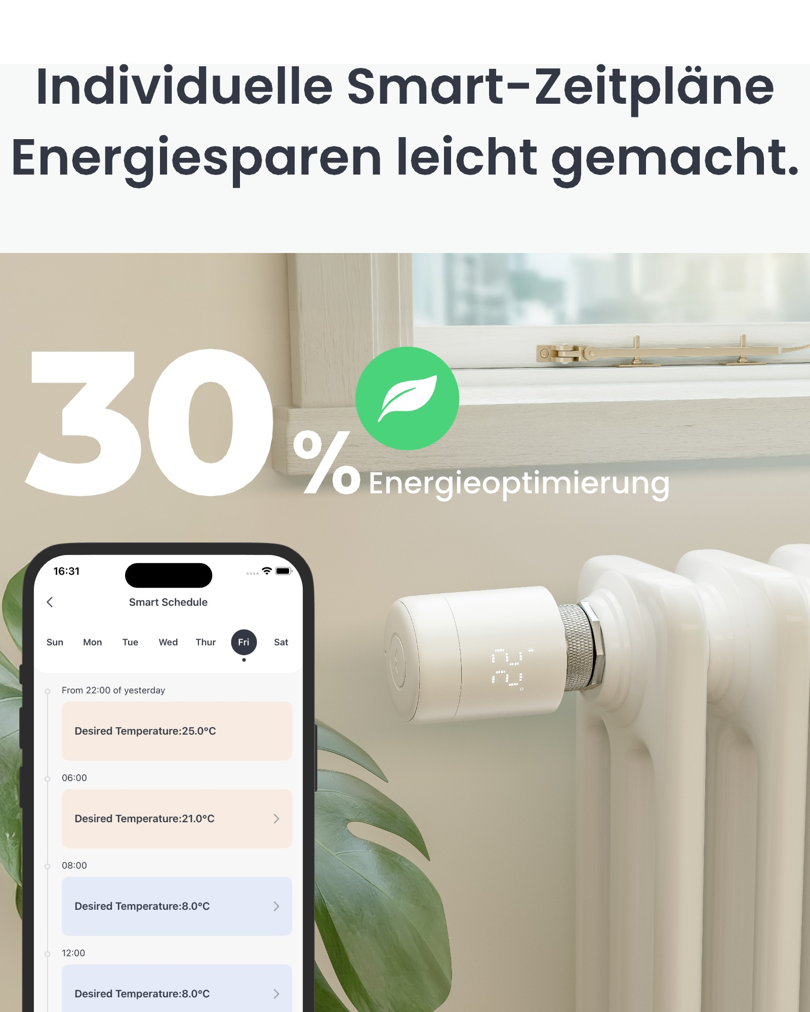 Das Bild zeigt ein Smartphone mit einem intelligenten Zeitplan, einen Heizkörper und Text zum Energiesparen.