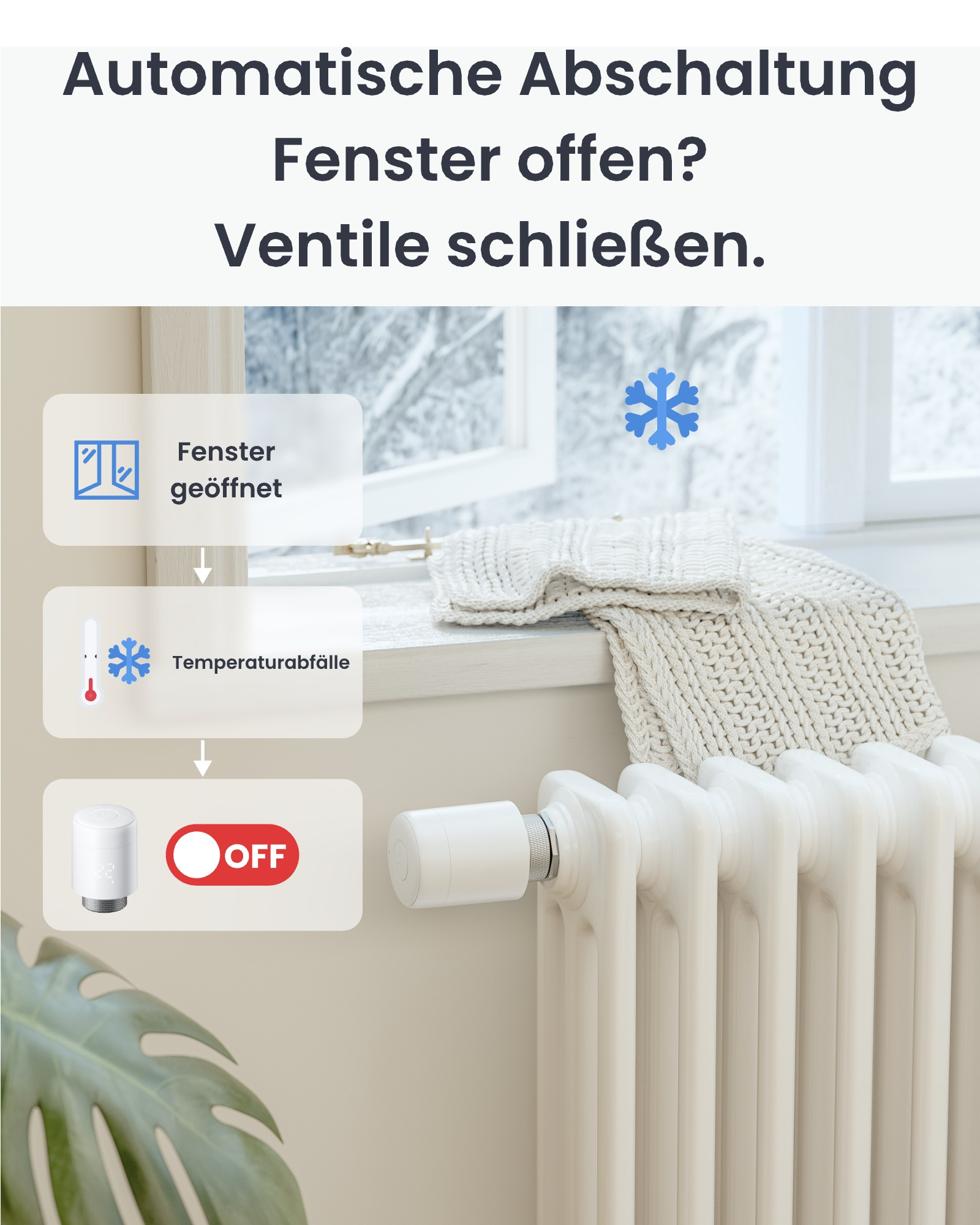 Das Bild zeigt ein Fenster, einen Heizkörper und Text, der die automatische Abschaltung anzeigt, wenn das Fenster geöffnet ist.
