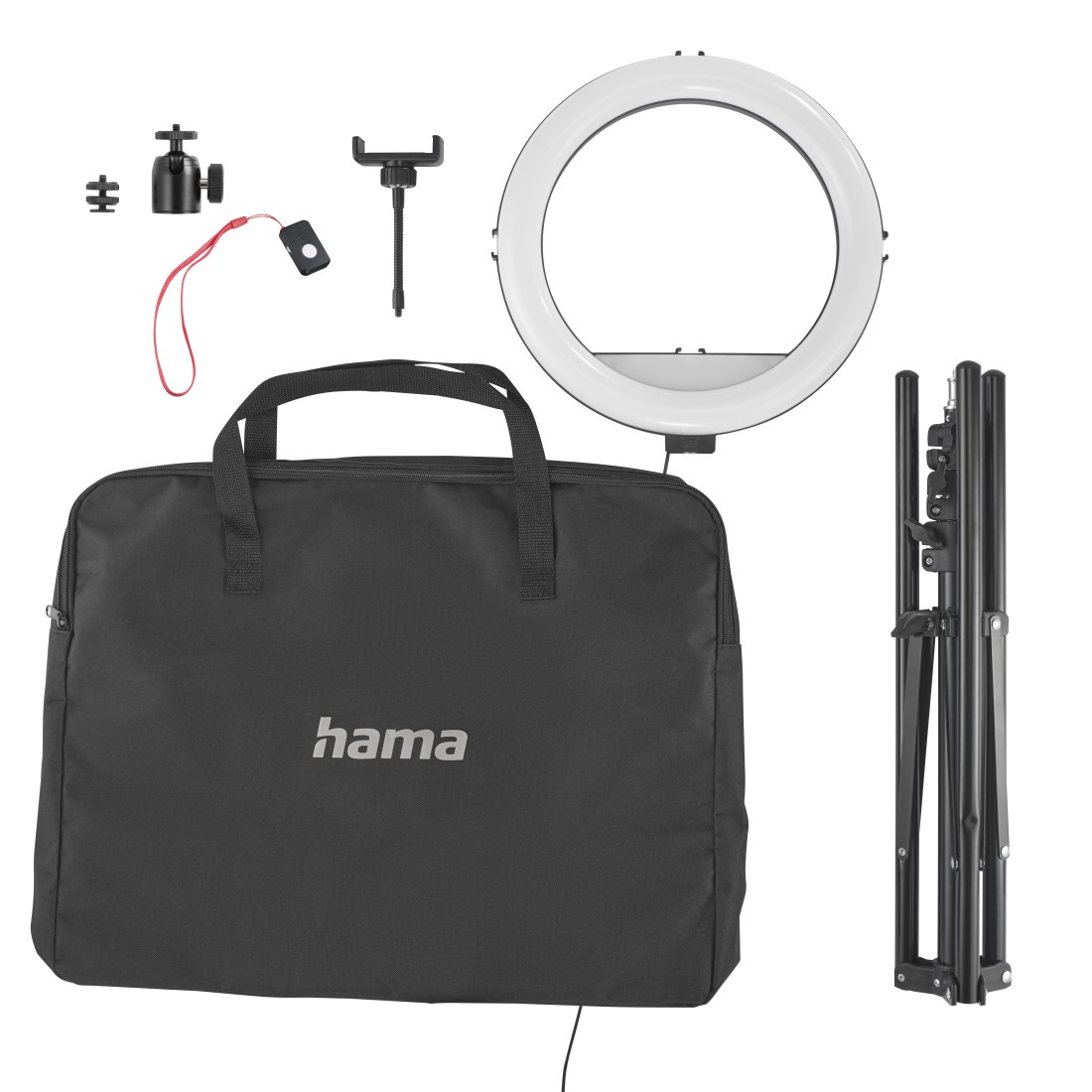 Eine schwarze Tragetasche mit 'hama'-Logo, Ringlicht, Stativ und weiteres Zubehör werden vor weißem Hintergrund gezeigt.