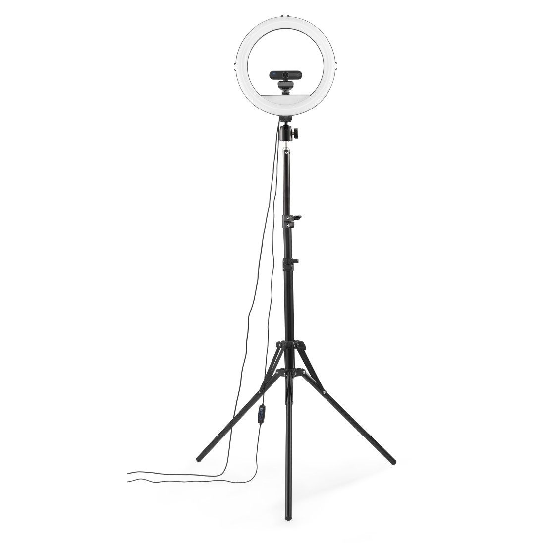 Ein schwarzes Ringlicht mit Webcam ist auf einem Stativ montiert. Das Licht ist an und wirft einen hellen Schein. Kabel verlaufen am Ständer herunter.