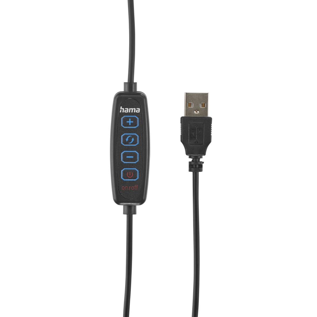 Schwarzes USB-Kabel mit Bedienfeld. Das Panel hat Plus-, Minus- und Ein-/Aus-Tasten. USB-Anschluss rechts.