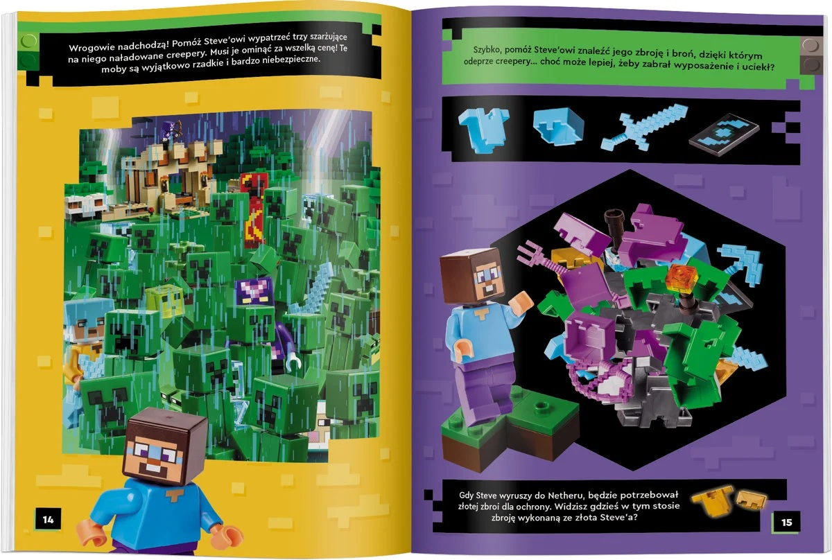 Scena z Minecraft: postać Steve'a pośród zielonych Creeperów. Tekst i przedmioty, takie jak zbroja, są pokazane.