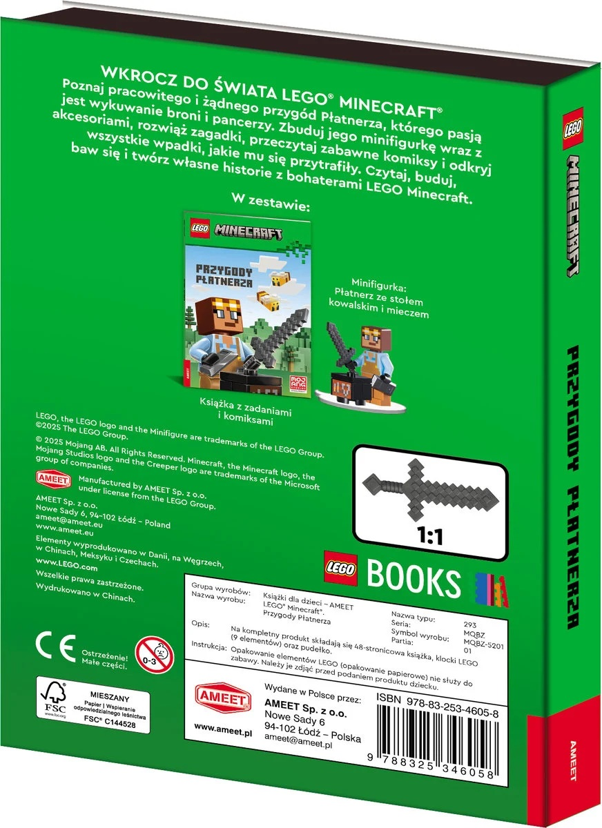 Pudełko przedstawia zestaw LEGO Minecraft z postacią, książką i akcesoriami. Tło jest zielone z logo LEGO.