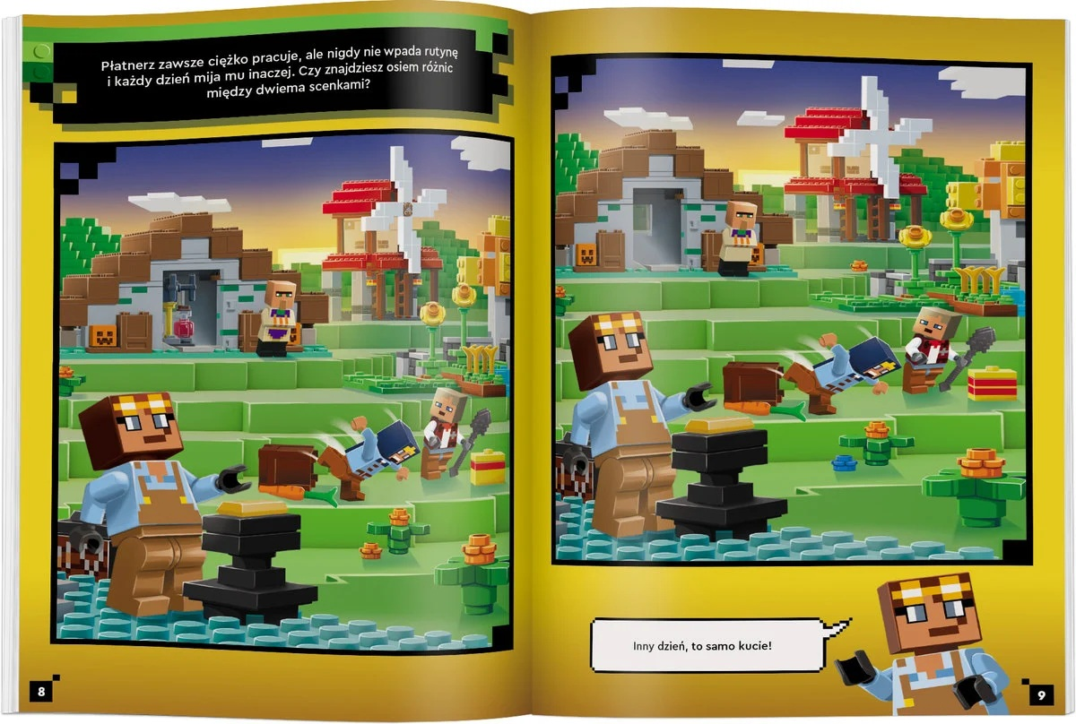 Scena z Minecraft: kowal pracuje przy kowadle. W tle wieśniacy i budowle. Tekst mówi, aby znaleźć różnice.