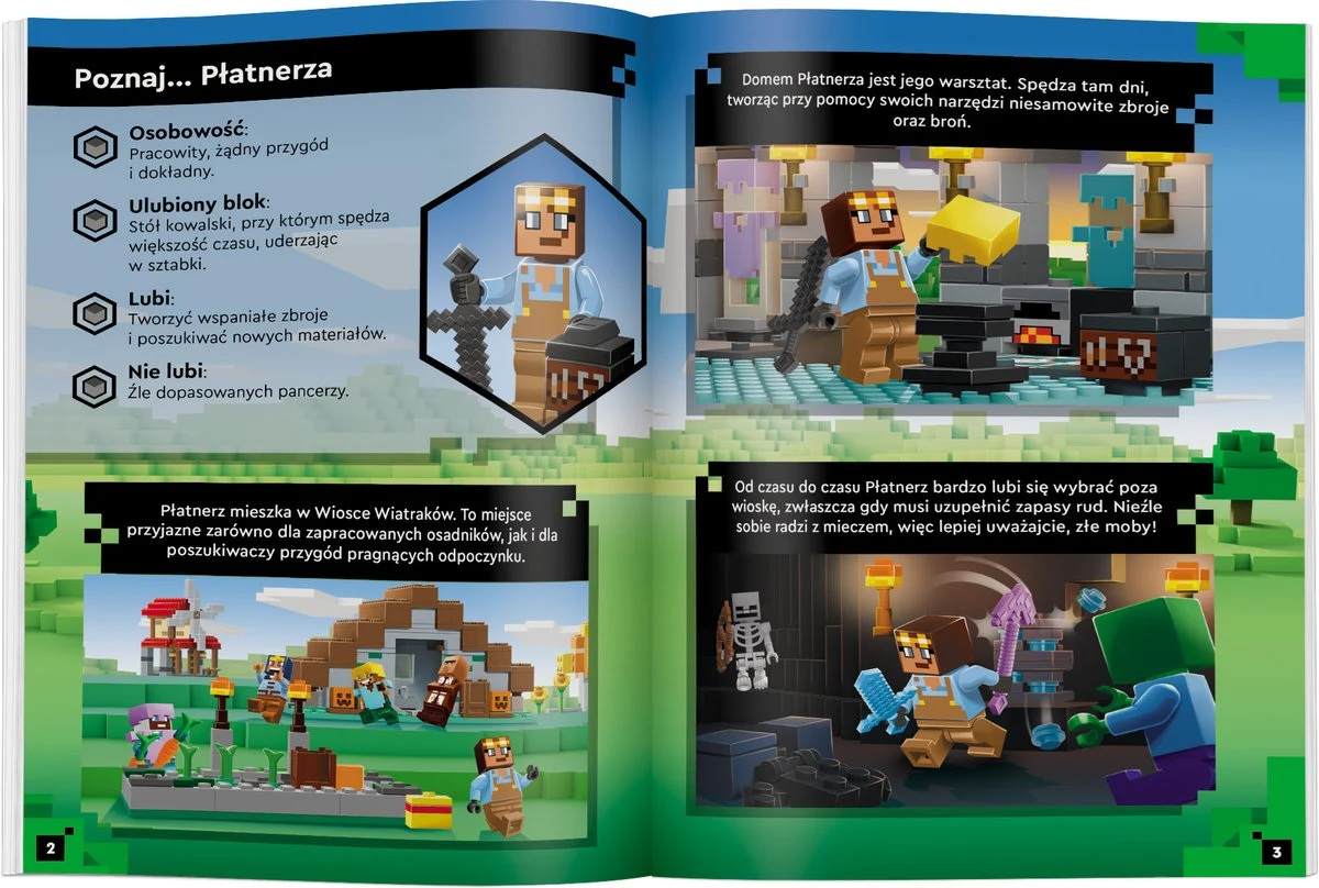 Zestaw Lego Minecraft: kowal z narzędziami i figurkami, na stronie książki z tekstem i ilustracjami.