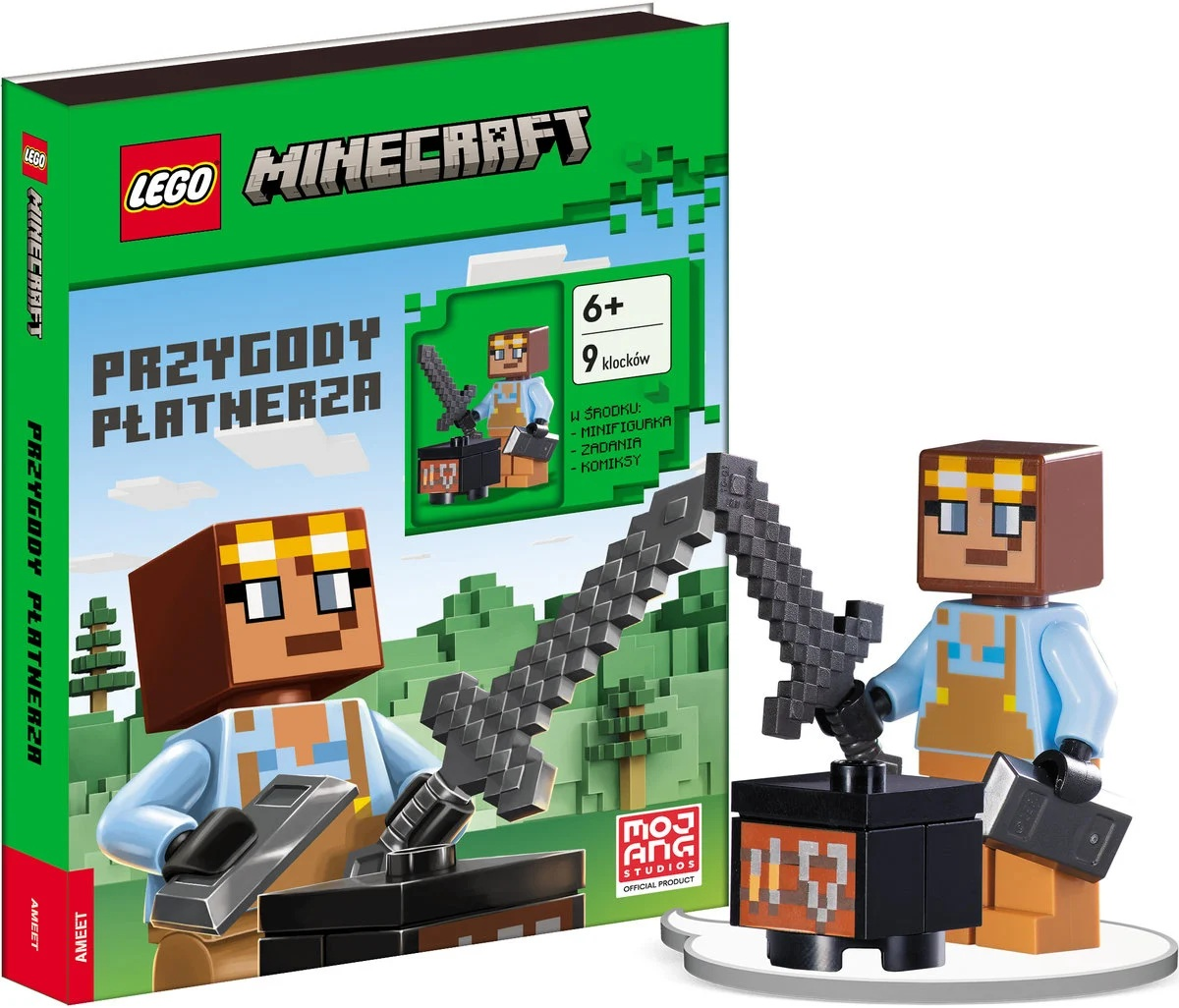 Zestaw LEGO Minecraft. Pudełko z figurkami. Figurka Minecraft trzymająca miecz. Inna figurka trzymająca czarny przedmiot. Czarny i szary miecz.