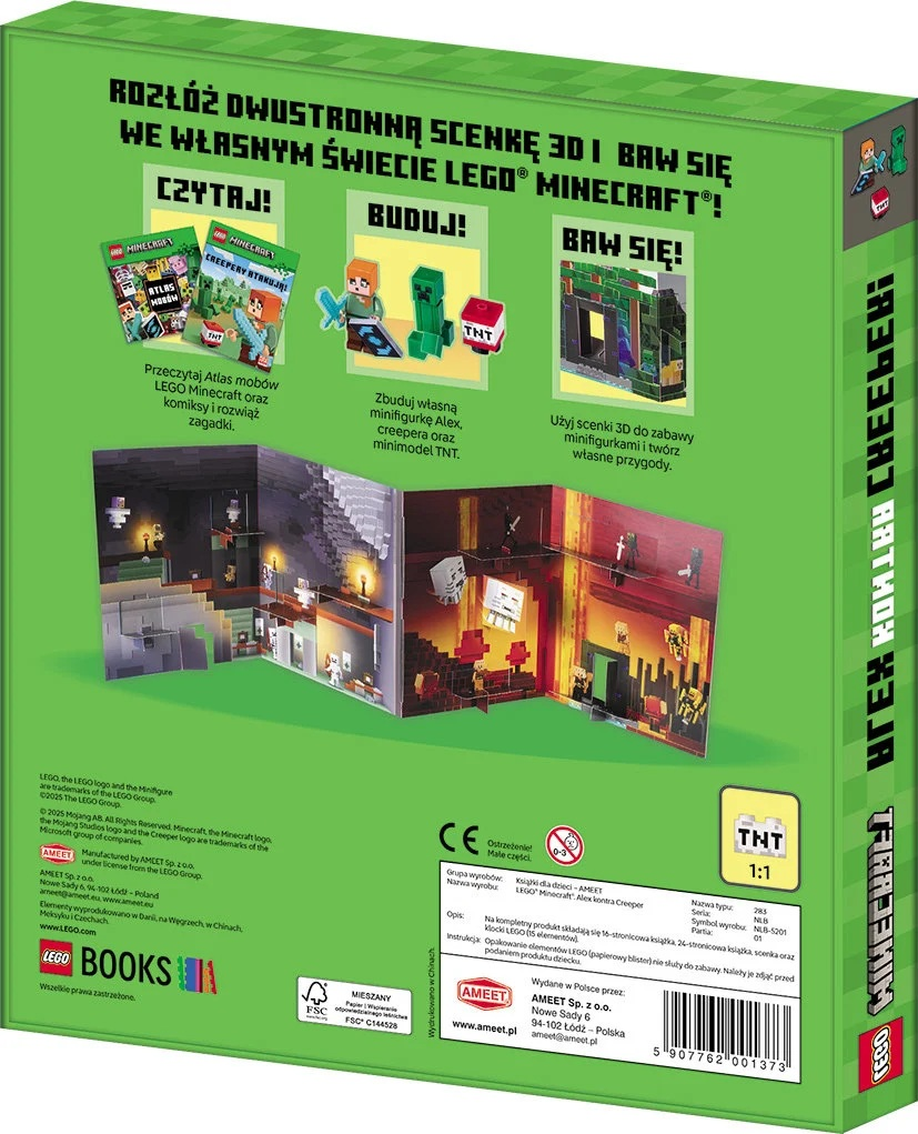 Zielone pudełko z Lego Minecraft. Pokazuje etapy budowy, okładki książek i logo Minecraft.