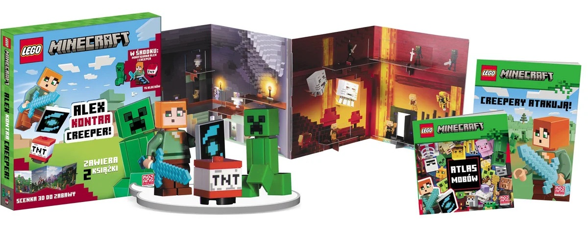 Zestaw LEGO Minecraft z Alexem, Creeperem, TNT i książkami ze scenami 3D. Na pudełku napis 'Alex kontra Creeper!'