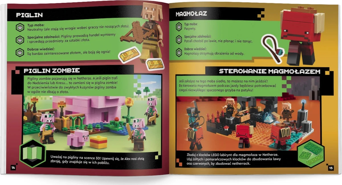 Rozkładówka książki Minecraft z figurkami Piglin, Piglin Zombie i Magma Cube. Tekst opisuje ich umiejętności i cechy.
