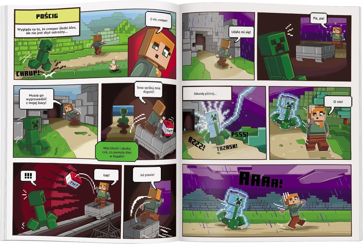 Komiks przedstawia scenę z Minecraft. Alex ucieka przed creeperem. Obecne są eksplozje i dymki tekstowe.