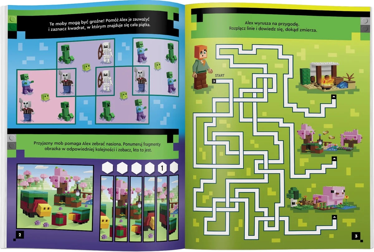 Otwarta książka z ilustracjami Minecraft. Jedna strona pokazuje moby, druga labirynt. Na dole elementy układanki.