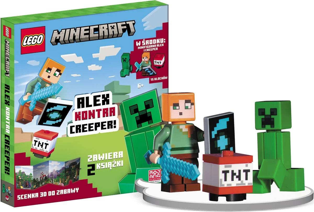 Zestaw LEGO Minecraft z Alexem, Creeperem, TNT i ekranem. Na pudełku napis 'Alex Kontra Creeper!' i '15 klocków'.