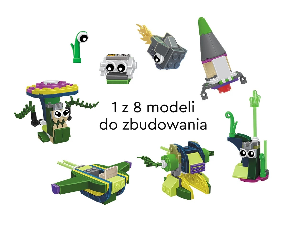 Obraz przedstawia osiem kolorowych modeli przypominających Lego, w tym stworzenia i pojazdy. Tekst: 1 z 8 modeli do zbudowania.