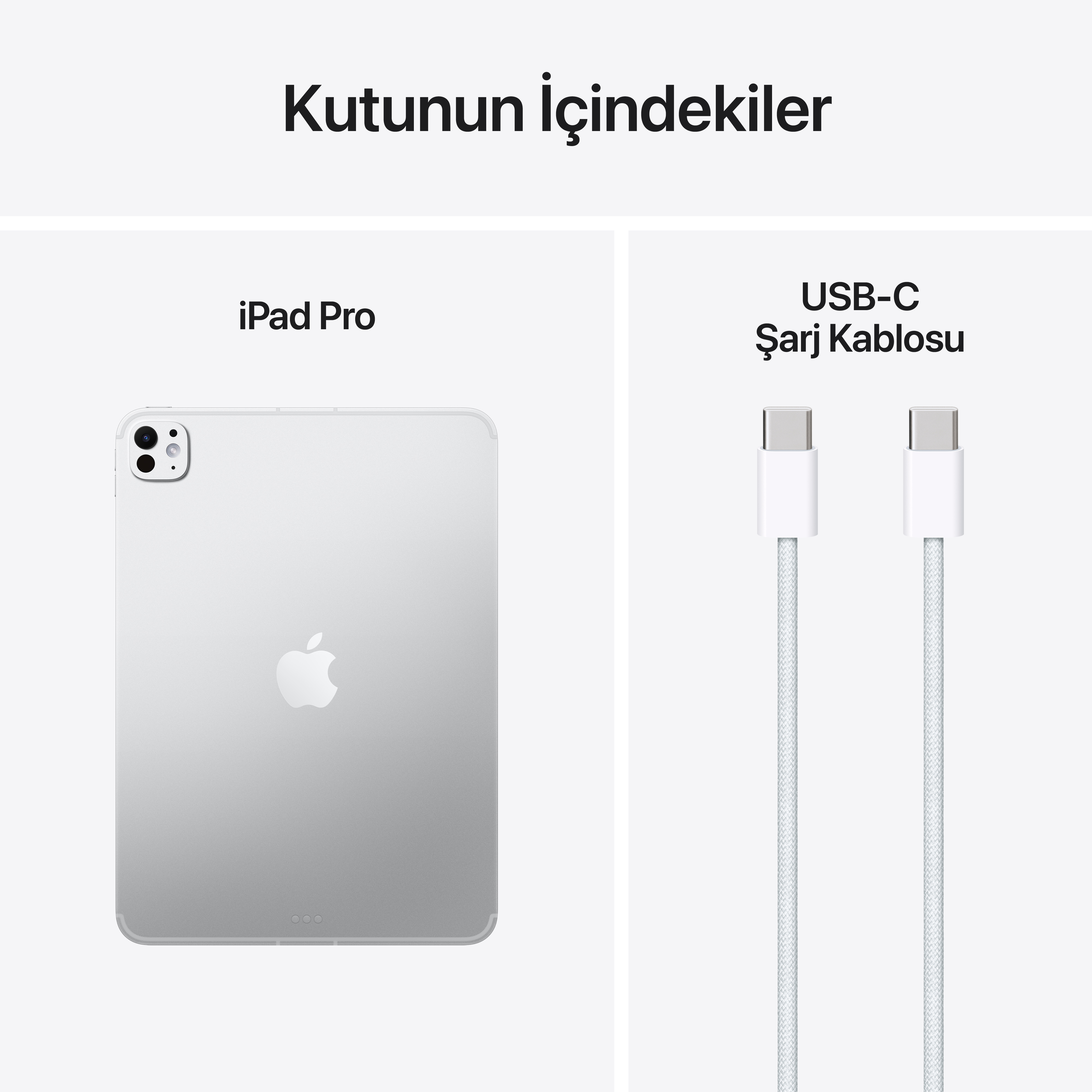 Görselde bir iPad Pro ve bir USB-C şarj kablosu var. iPad gümüş, kablo beyaz.
