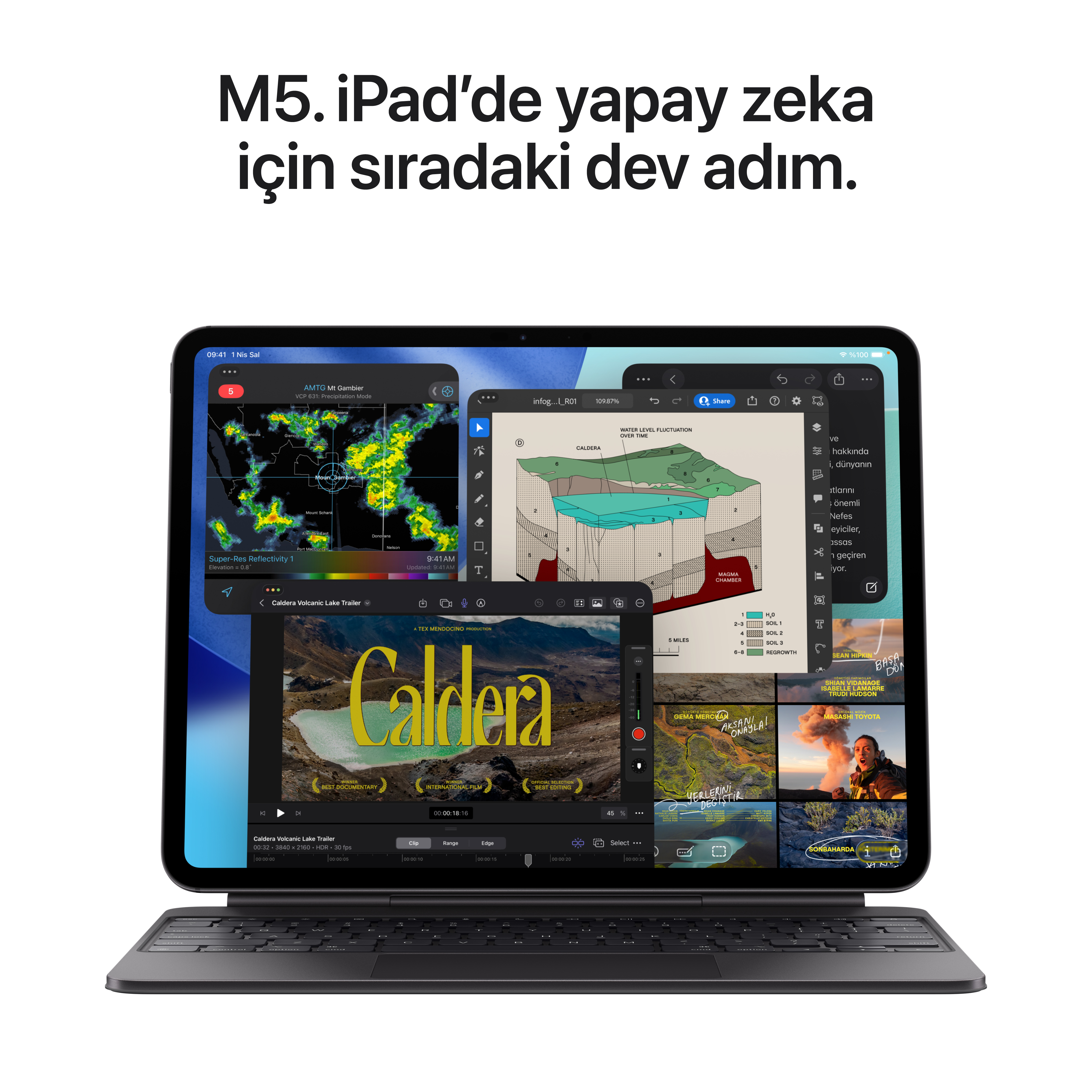 Bir klavye ile birlikte bir iPad, bir video düzenleme arayüzü ve çeşitli uygulamalar gösteriyor.