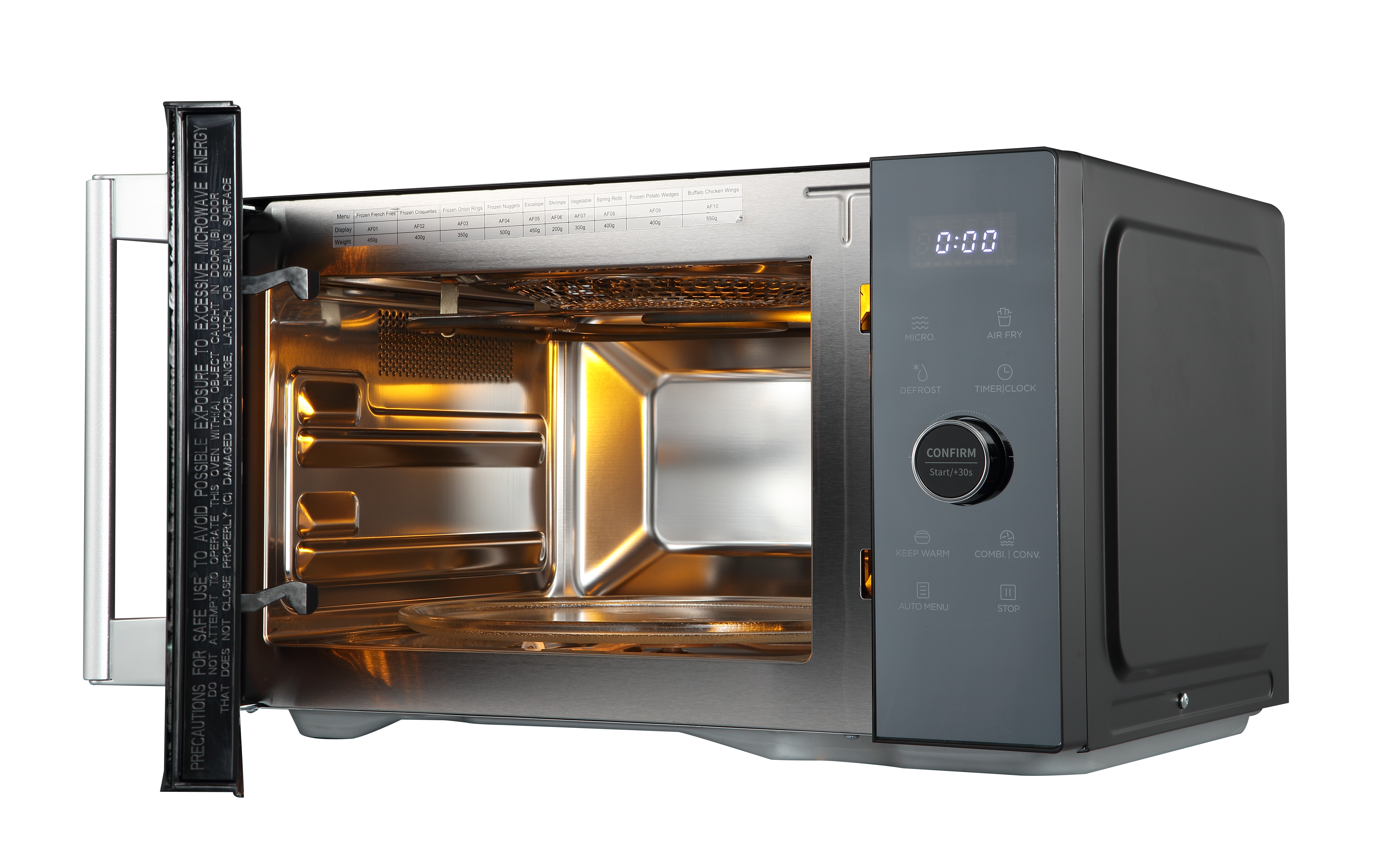 Otwarta kuchenka mikrofalowa z oświetleniem wewnętrznym. Panel sterowania po prawej. Drzwi otwarte. Szklana płyta w środku. Srebrny i czarny design.