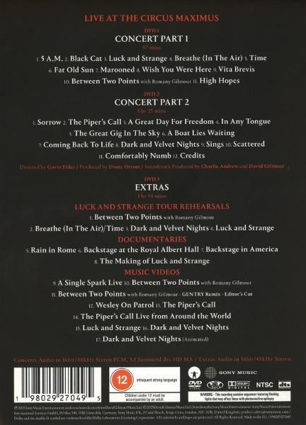 DVD-Hülle mit Titellisten für das Konzert 'Live at the Circus Maximus'. Schwarzer Hintergrund, weißer Text. Enthält Konzert- und Extradetails.