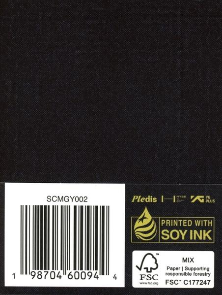 The image shows a black fabric with a barcode and text. It includes the text 'Printed with Soy Ink' and FSC labels.