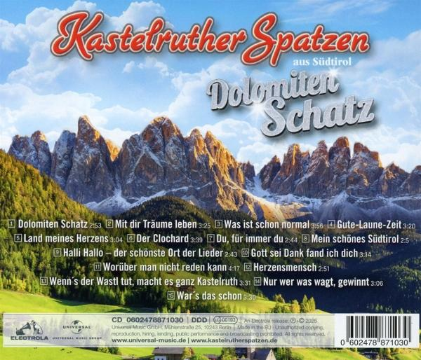 CD-Cover. Titel: Dolomiten Schatz. Mit Bergen, Himmel und Text. Enthält Titelliste und Copyright-Informationen.