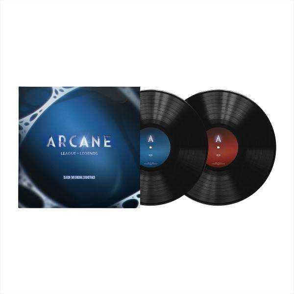 Arcane League of Legends Vinyl-Schallplattenset. Zwei schwarze Schallplatten und Albumcover auf weißem Hintergrund.