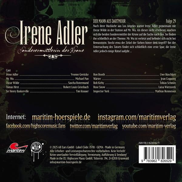 Cover für ein Hörspiel namens 'Irene Adler'. Enthält eine Besetzungsliste und eine Inhaltsangabe.