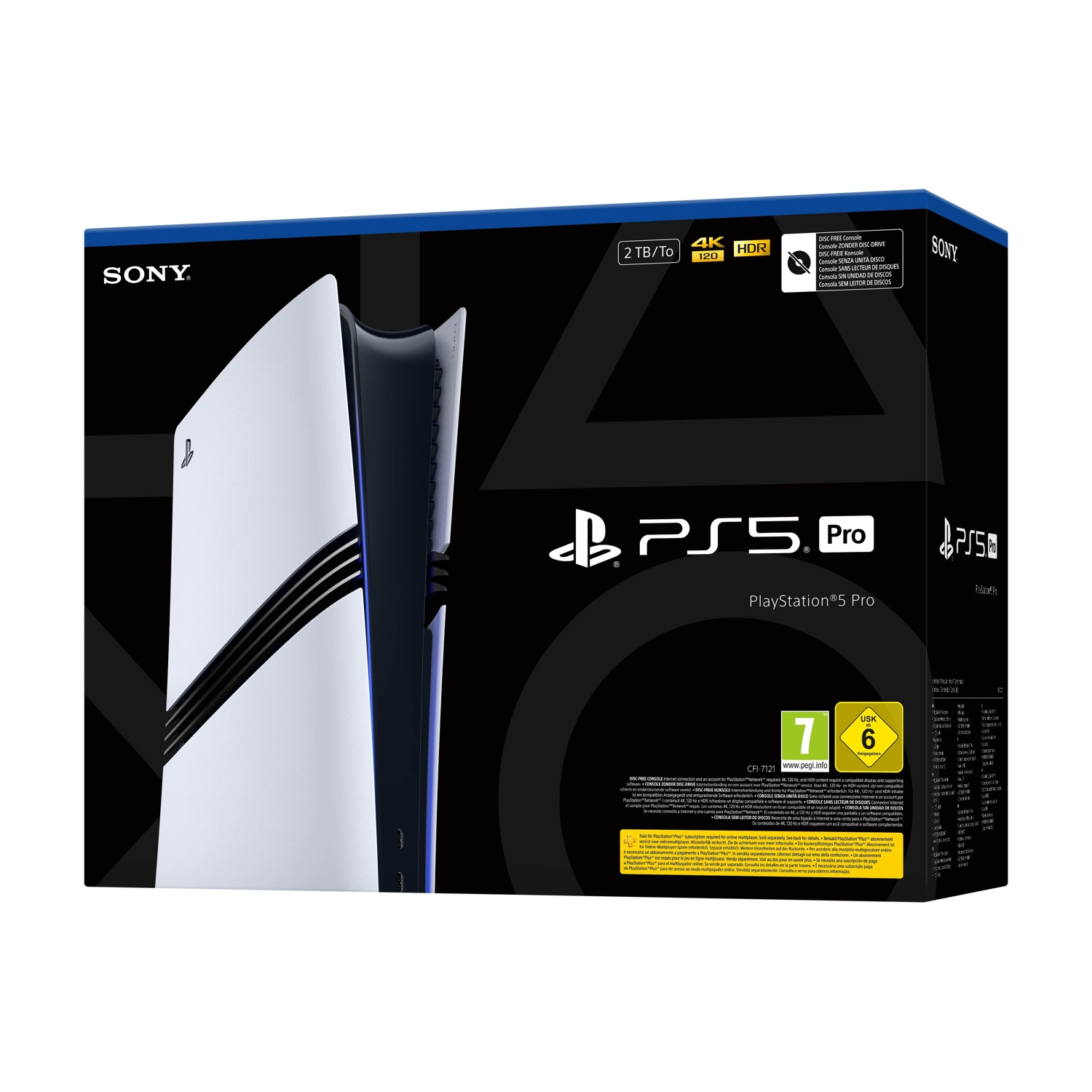 Scatola della console PS5 Pro. Console bianca su sfondo nero. Caratteristiche: 4K, HDR e 2TB di memoria.